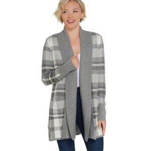 Isaac Mizrahi Live Gray Plaid Shawl Cardigan Coatigan Knit Sweater Duster Jacket